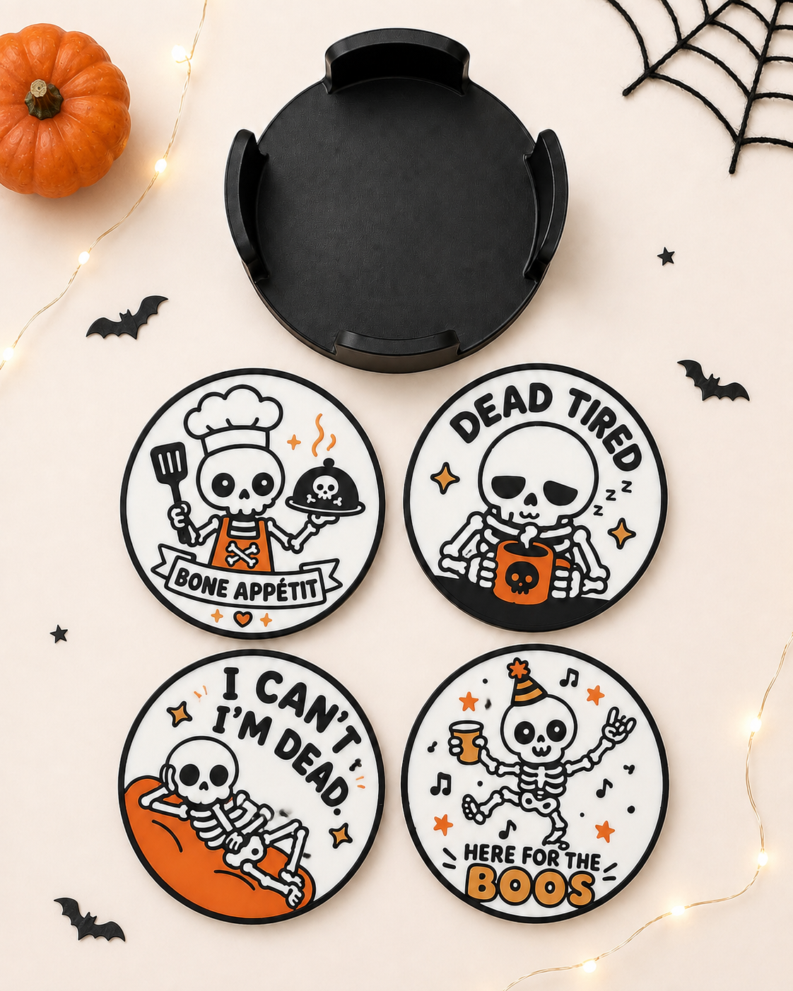 Funny Halloween Coasters – Skeleton 4 Piece Set with Holder