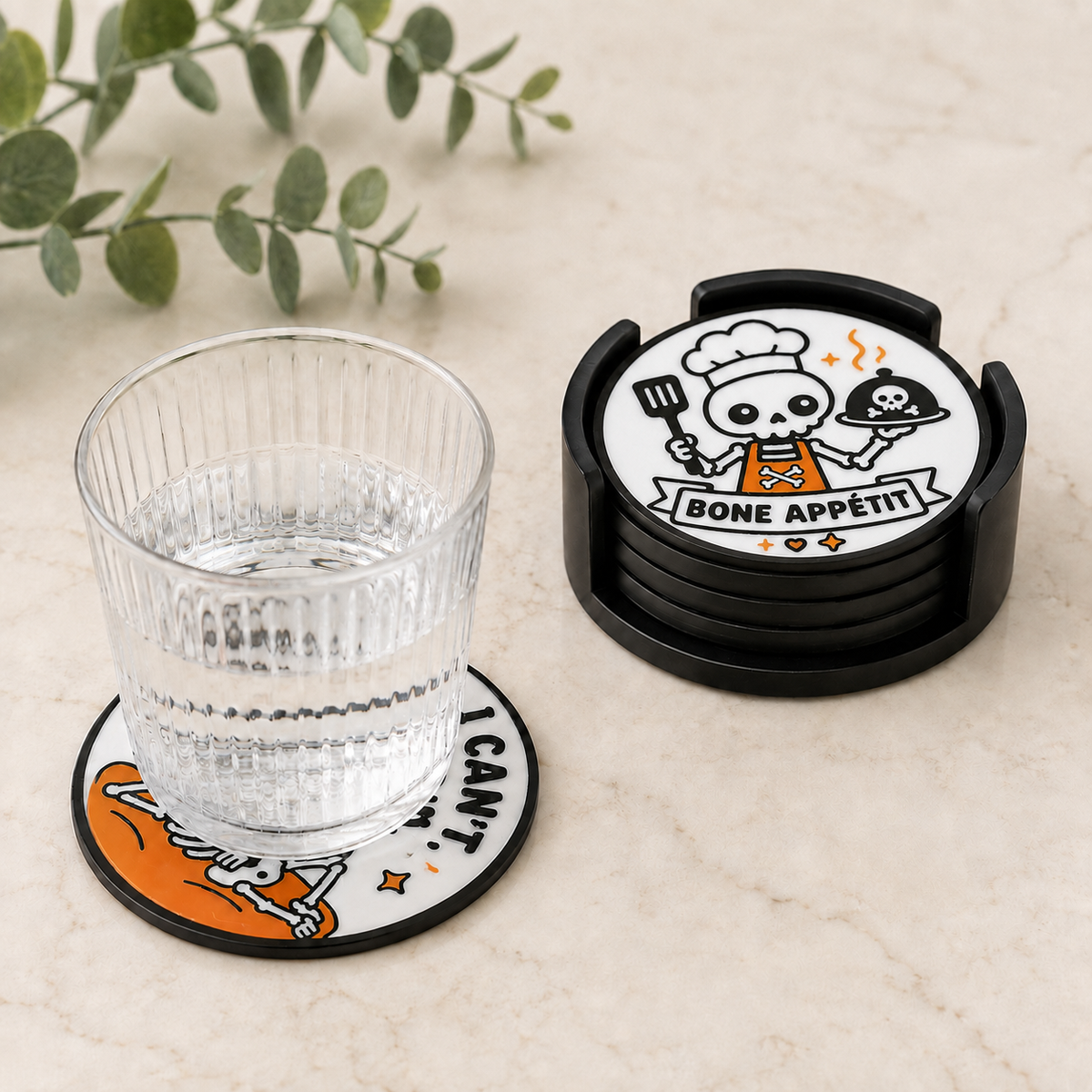 Funny Halloween Coasters – Skeleton 4 Piece Set with Holder
