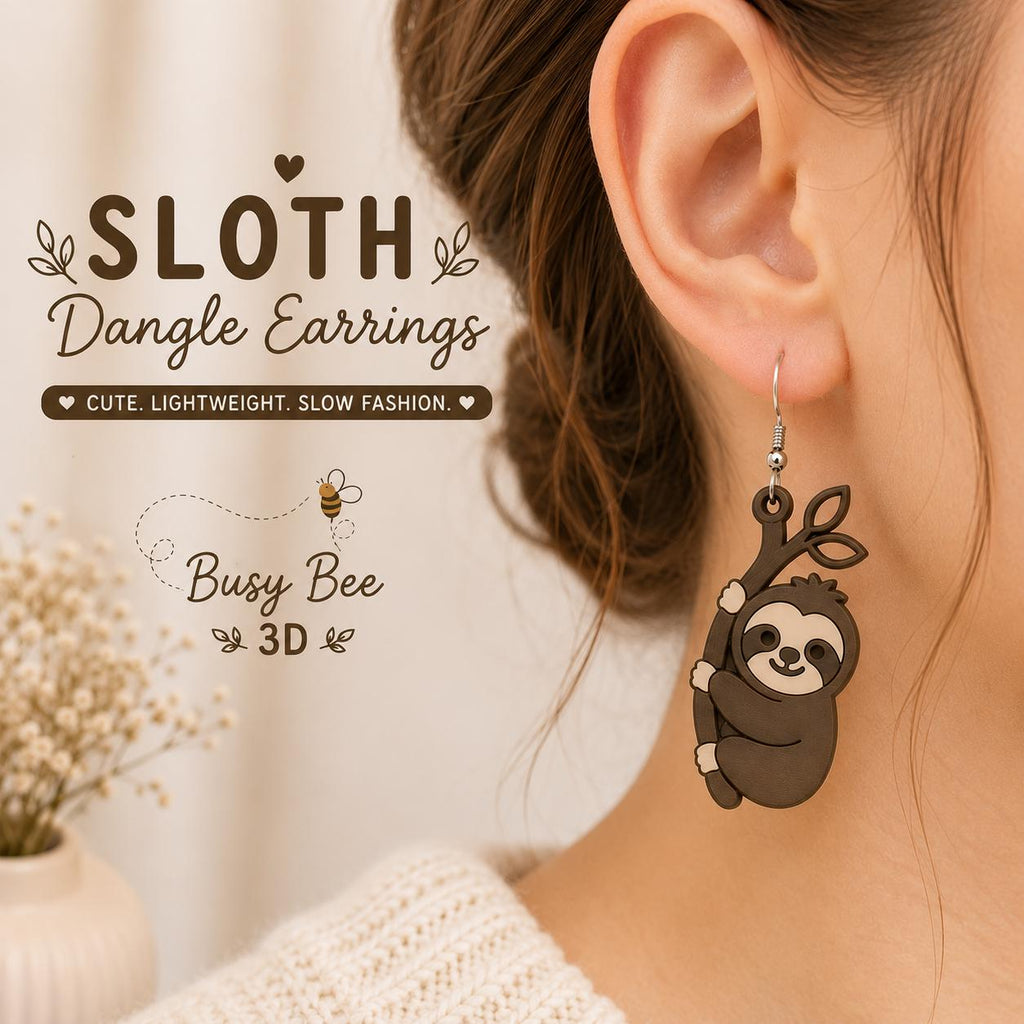 3D Printed Sloth Dangle Earrings | Lightweight Animal Jewelry, Nature Lover Gift