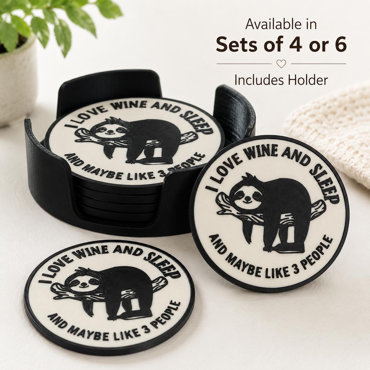 Sloth Wine Coaster Set Holder | Sloth Drink Coasters (Sets of 4 or 6)