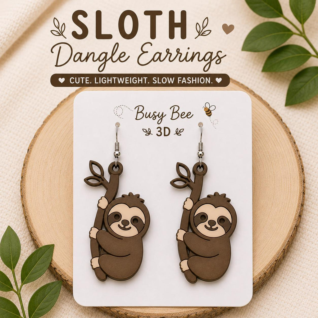 3D Printed Sloth Dangle Earrings | Lightweight Animal Jewelry, Nature Lover Gift