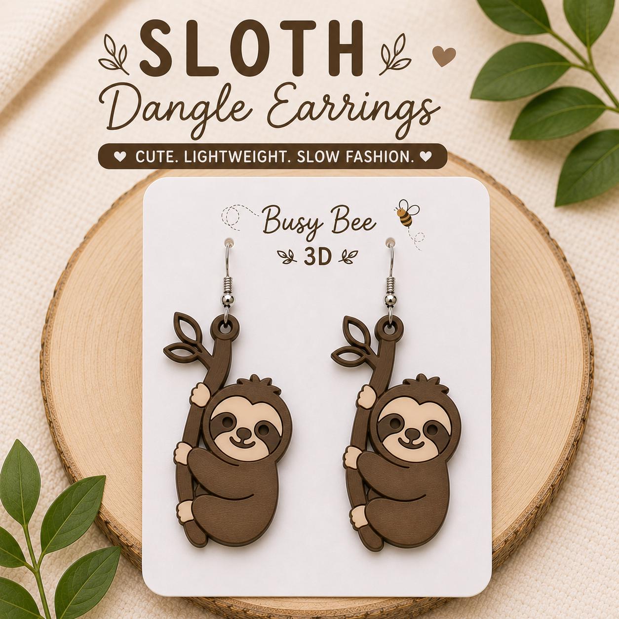 3D Printed Sloth Dangle Earrings | Lightweight Animal Jewelry, Nature Lover Gift